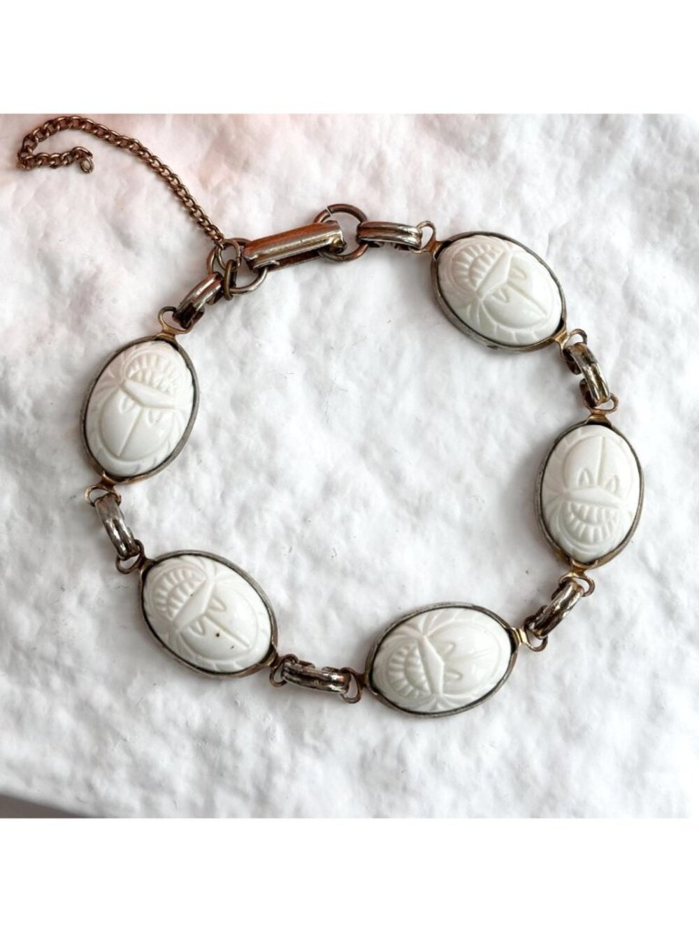 Egyptian Revival Scarab White Milk Glass Beetle Silver T 80's Vintage Bracelet